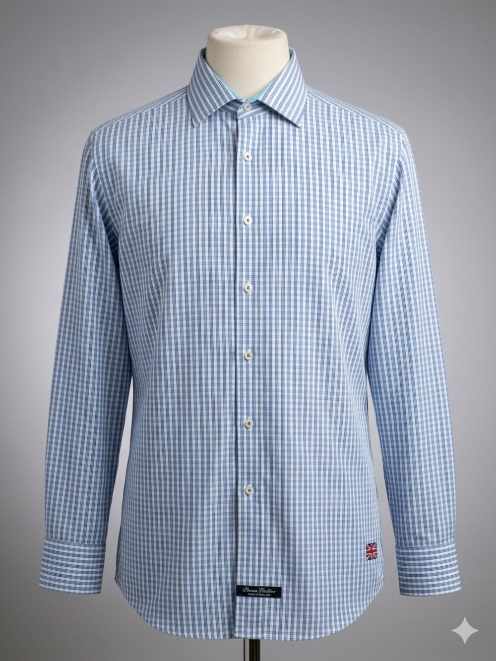 829 English Laundry Blue White Plaid Cotton Dress Shirt Accent Cuff Men's Size L